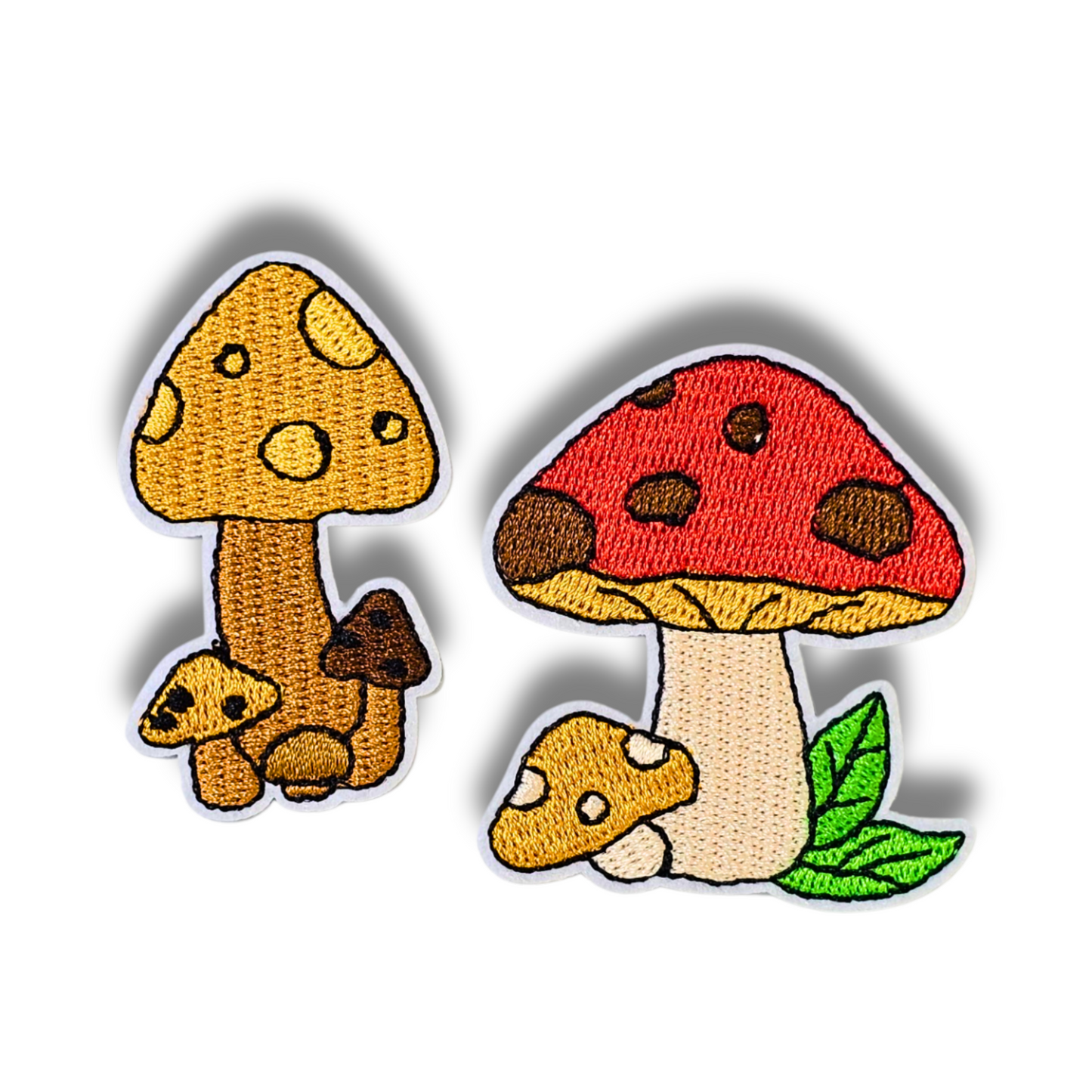 Golden & Red Mushroom Patch Set – 2pc Retro Iron-On Embroidered Appliques (2")