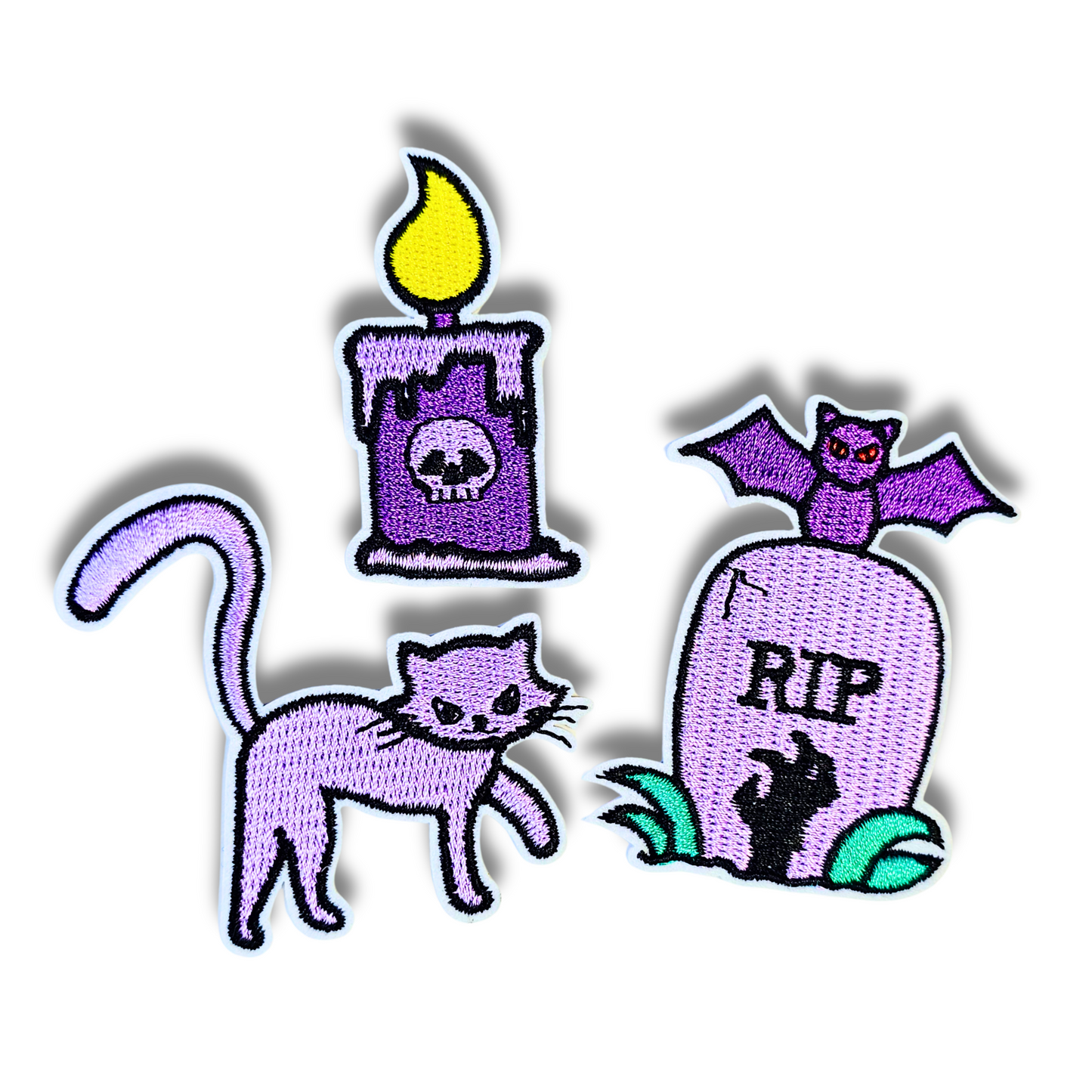 Spooky Cat Patch Trio – 3pc Halloween Iron-On Embroidered Appliques (2")