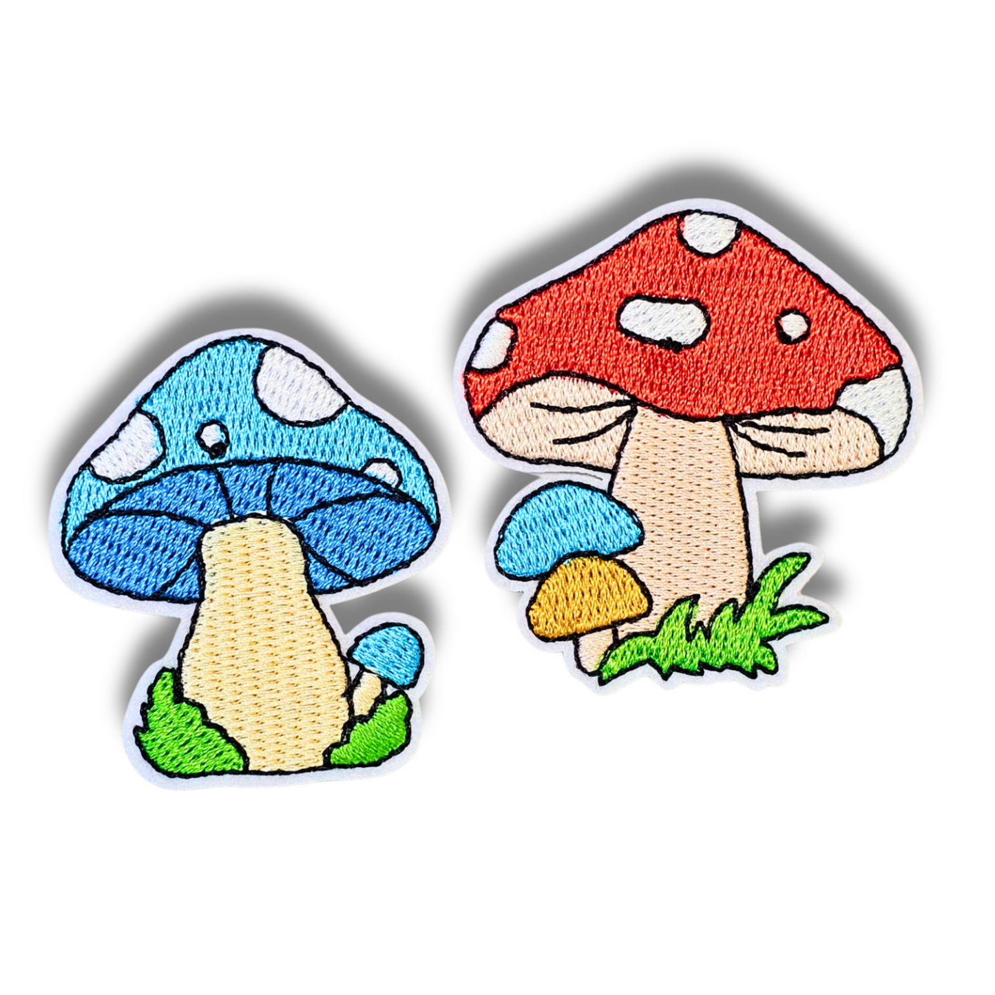 Bright Mushroom Patch Set – 2pc Retro Iron-On Embroidered Appliques (2")