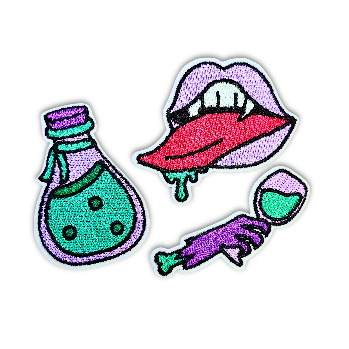 Vampire Potion Patch Trio – 3pc Spooky Iron-On Embroidered Appliques (2")