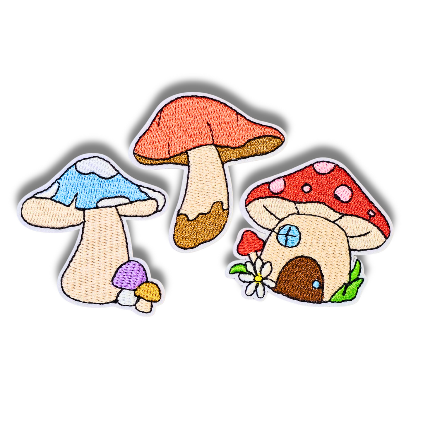 Mushroom Patch Trio – 3pc Retro Iron-On Embroidered Appliques (2")