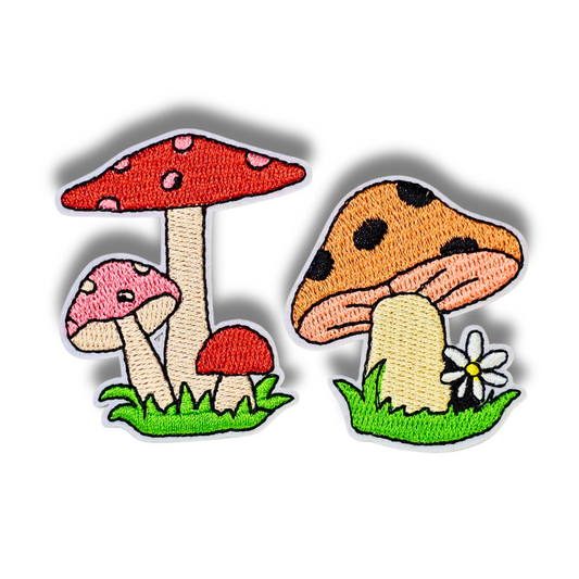 Red & Orange Mushroom Patch Set – 2pc Retro Iron-On Embroidered Appliques (2")
