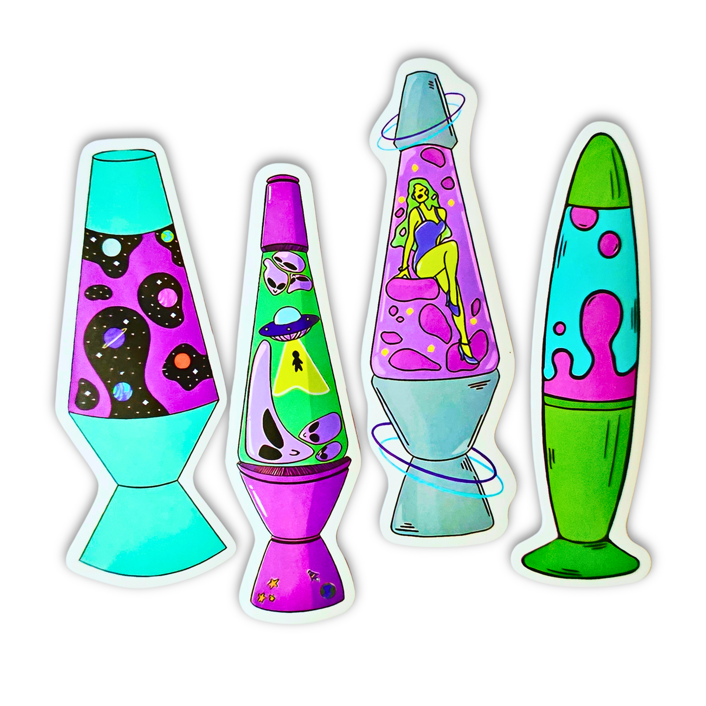 Cosmic Alien Lava Lamp Sticker Set – 4pc Space Retro Vinyl Waterproof Decals (3")