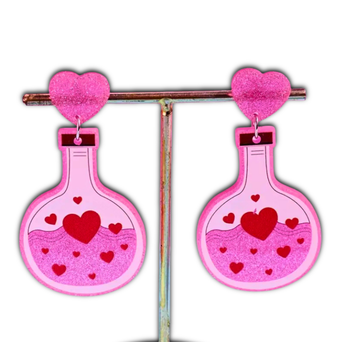 Glittery Love Potion Earrings – Acrylic Resin Heart Bottle Dangles