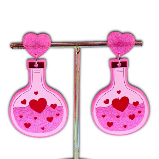 Glittery Love Potion Earrings – Acrylic Resin Heart Bottle Dangles