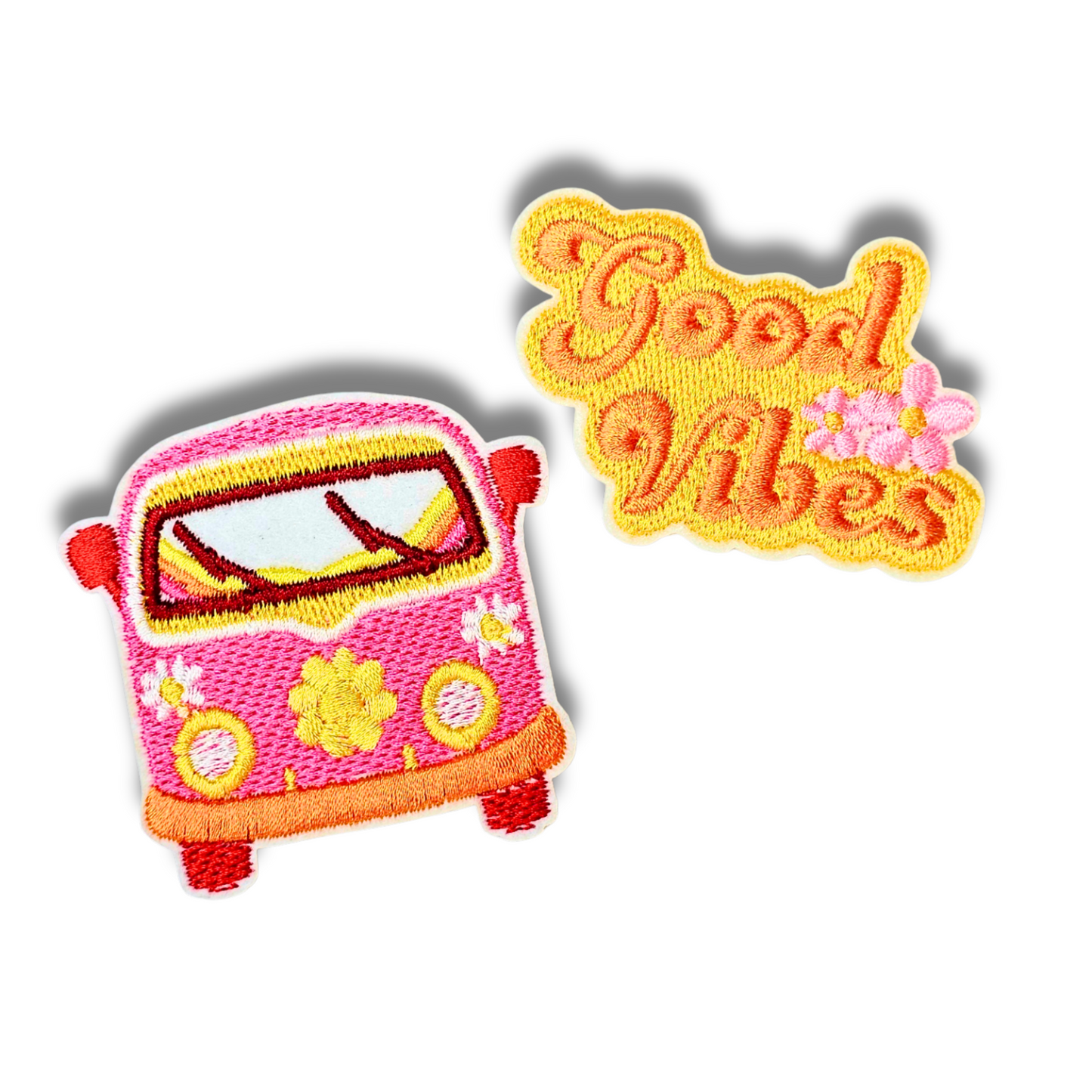 Good Vibes Patch Set – 2pc Retro Van & Hippie Phrase Iron-On Embroidered Appliques (2")
