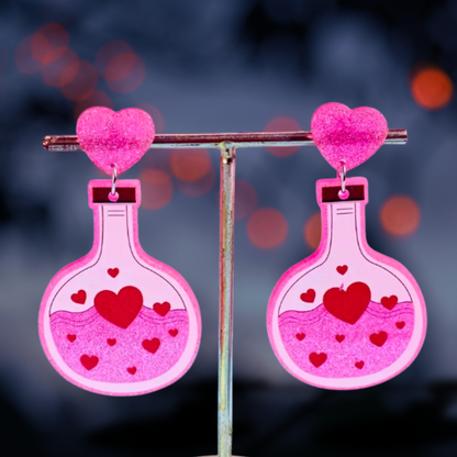 Glittery Love Potion Earrings – Acrylic Resin Heart Bottle Dangles