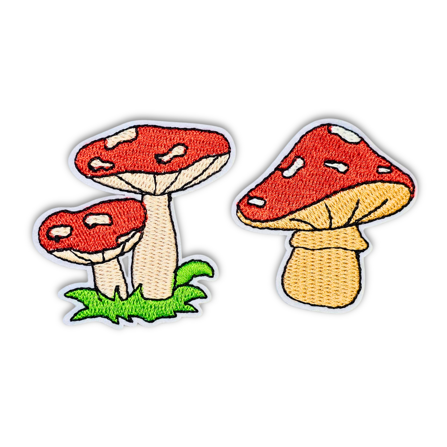 Classic Red Mushroom Patch Set – 2pc Retro Iron-On Embroidered Appliques (2")