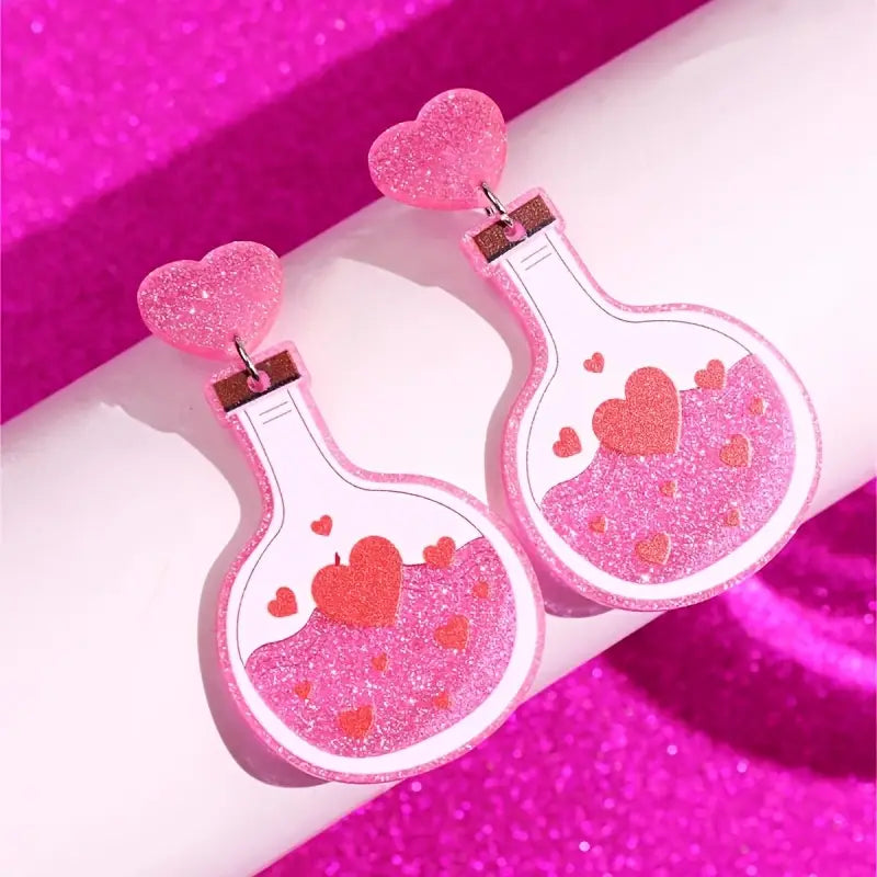 Glittery Love Potion Earrings – Acrylic Resin Heart Bottle Dangles