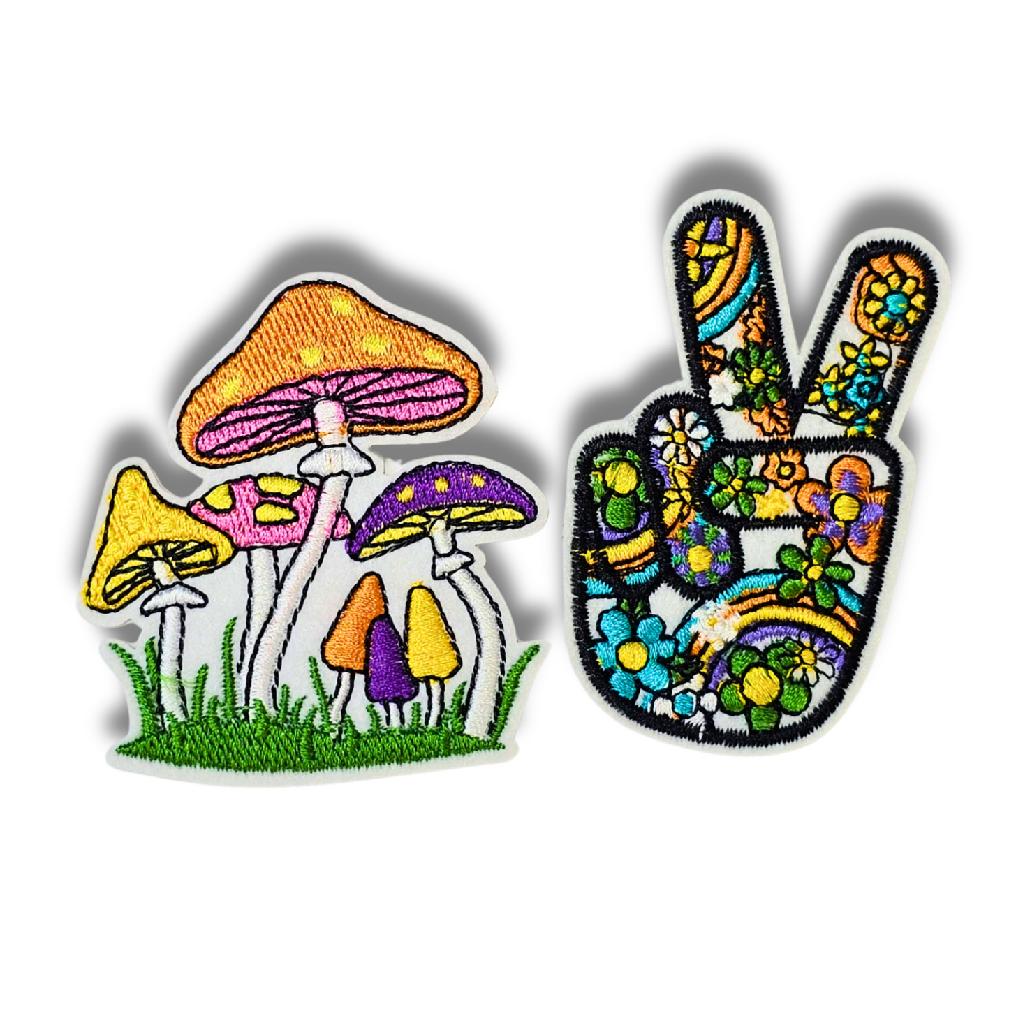 Psychedelic Mushroom & Peace Sign Patch Set – 2pc Retro Iron-On Embroidered Appliques (2")