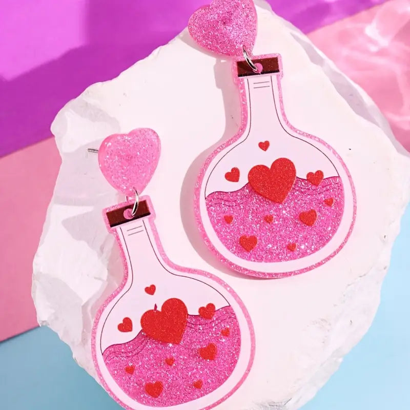 Glittery Love Potion Earrings – Acrylic Resin Heart Bottle Dangles