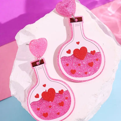 Glittery Love Potion Earrings – Acrylic Resin Heart Bottle Dangles