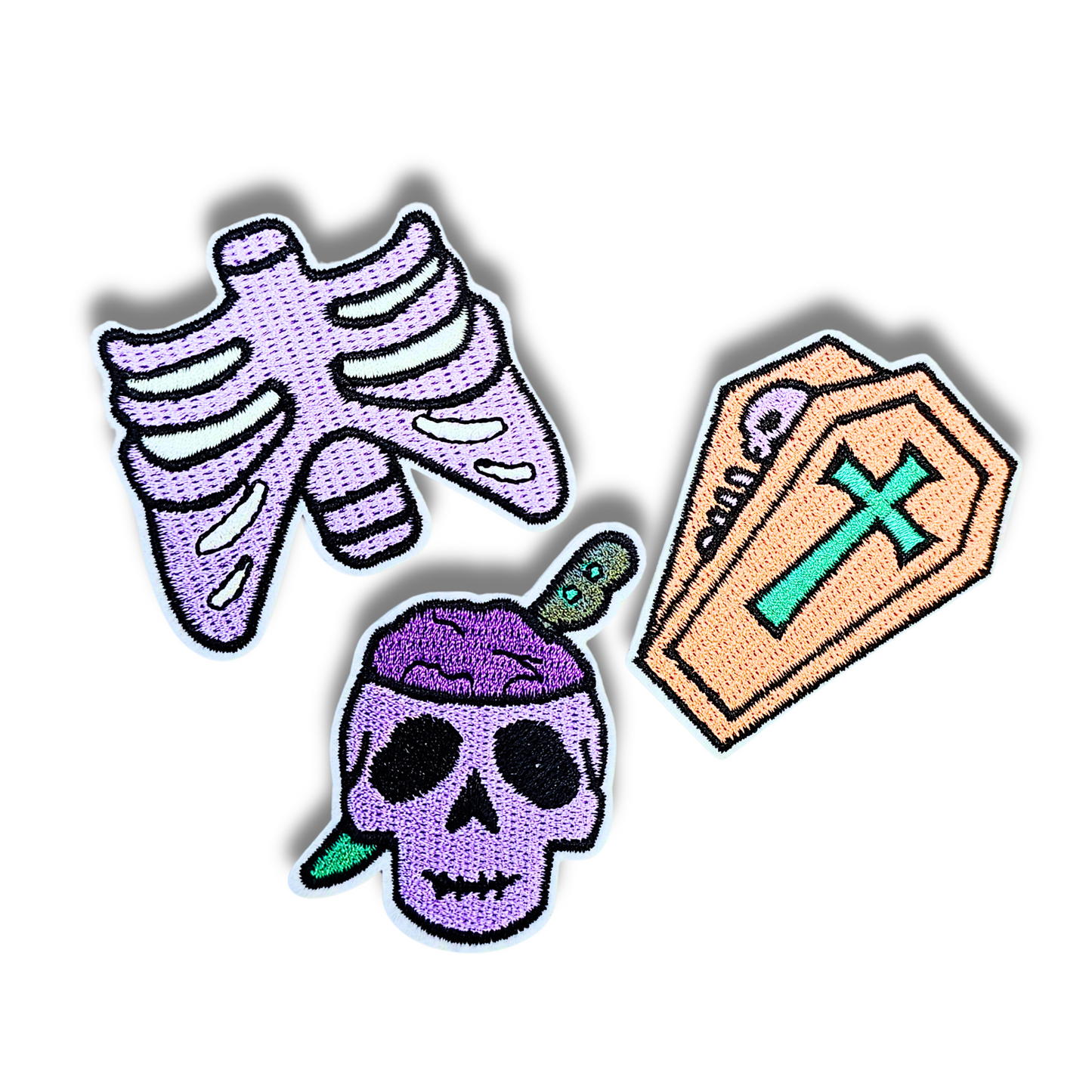 Creepy Bones Patch Trio – 3pc Halloween Iron-On Embroidered Appliques (2")