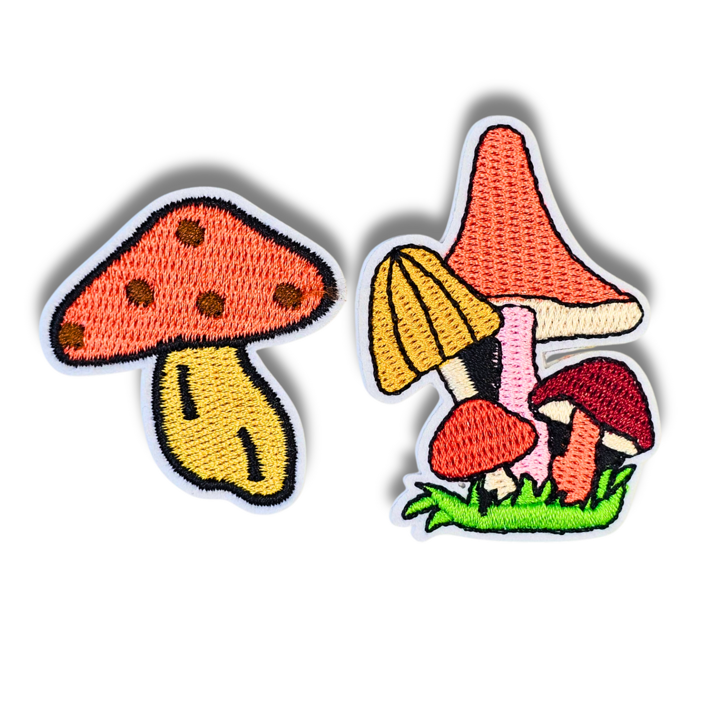 Orange Mushroom Patch Set – 2pc Retro Iron-On Embroidered Appliques (2")