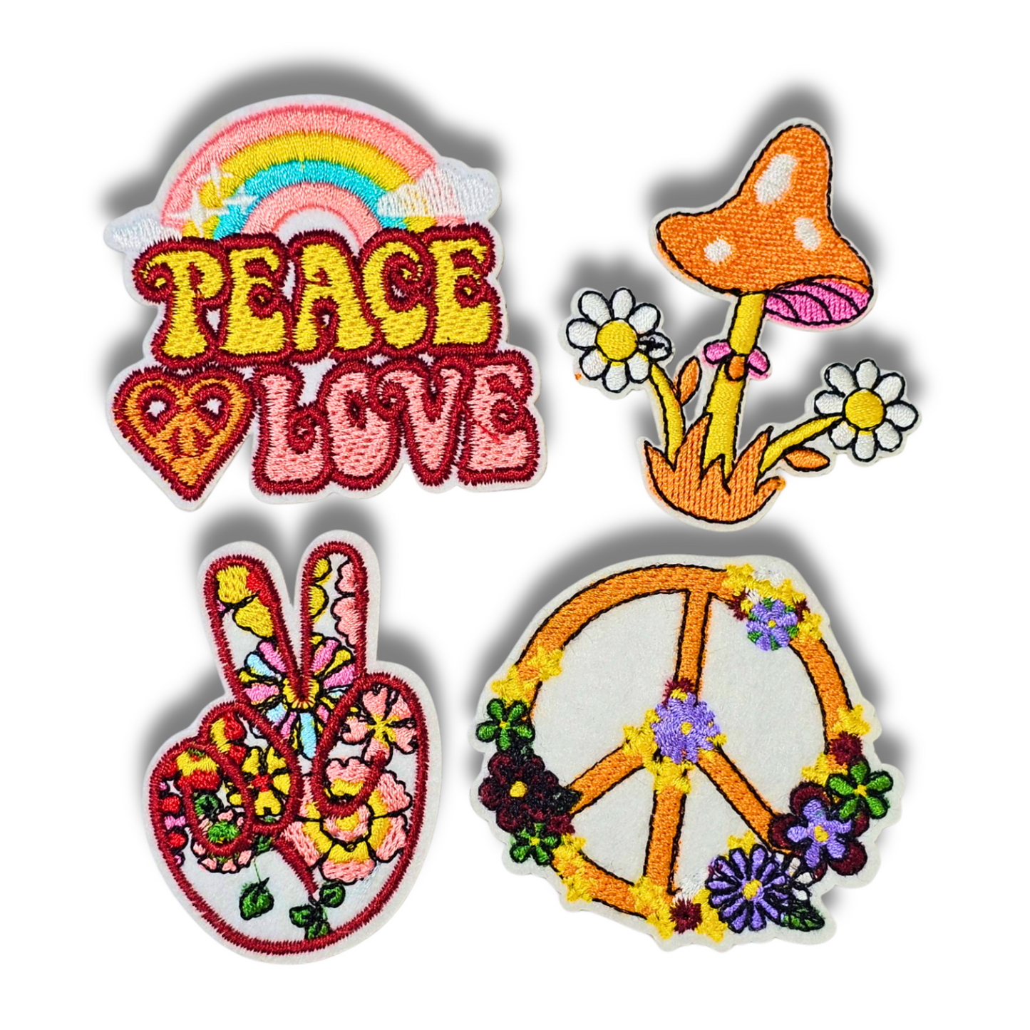 Peace & Love Patch Set – 4pc Retro Iron-On Embroidered Appliques (2")