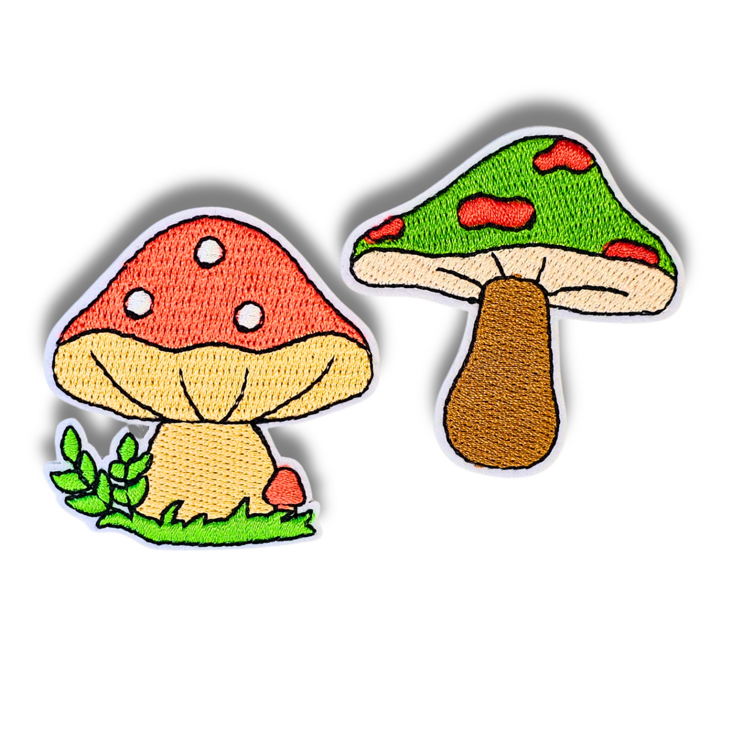 Red & Green Mushroom Patch Set – 2pc Retro Iron-On Embroidered Appliques (2")