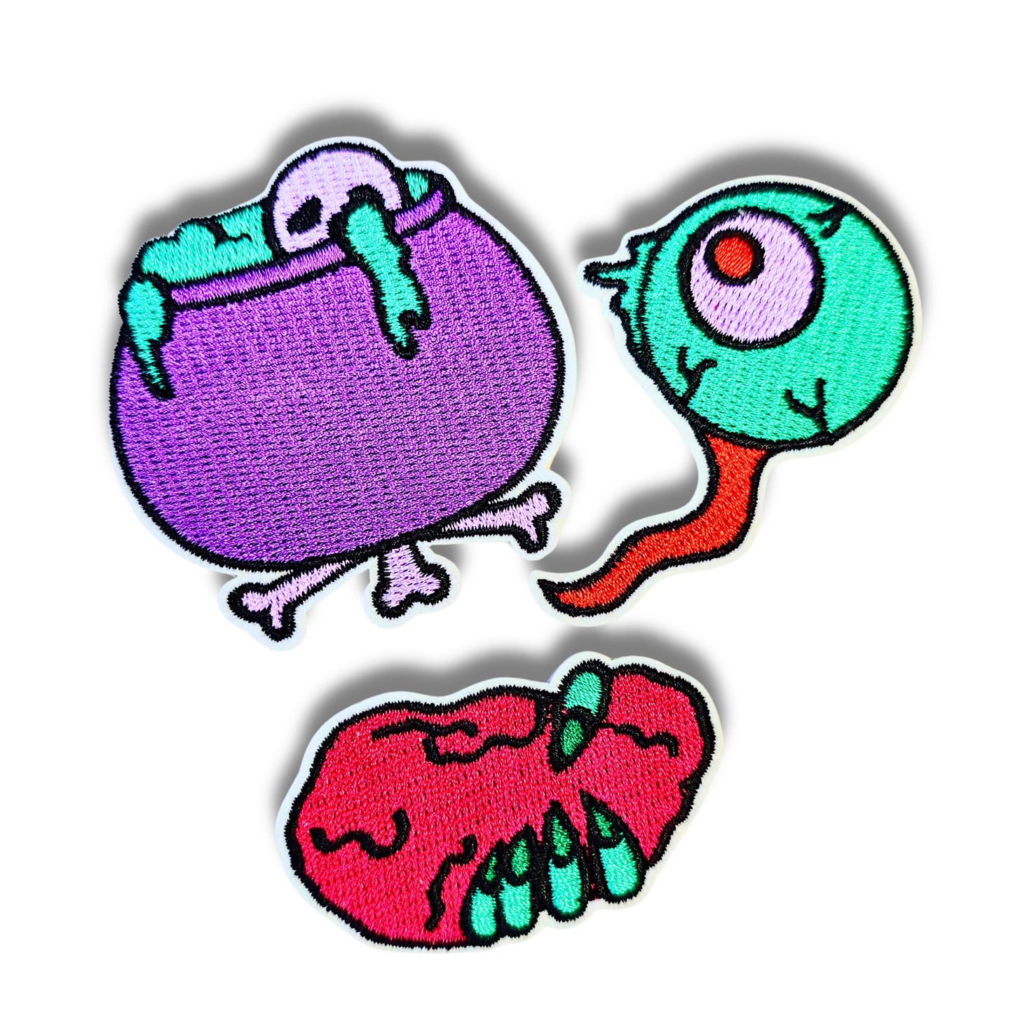 Creepy Cauldron Patch Trio – 3pc Halloween Iron-On Embroidered Appliques (2")