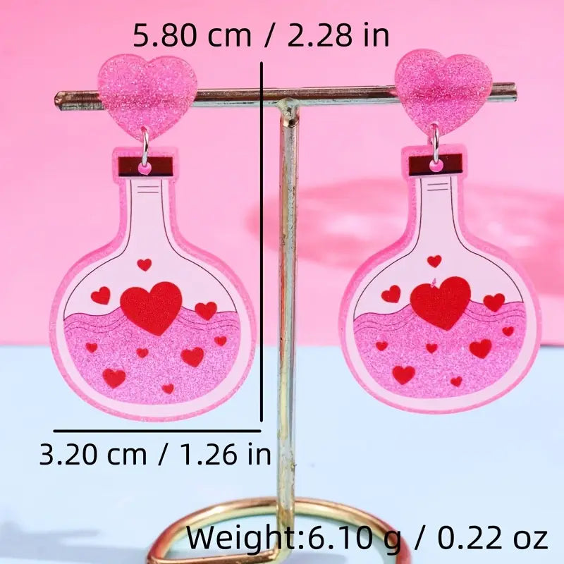 Glittery Love Potion Earrings – Acrylic Resin Heart Bottle Dangles
