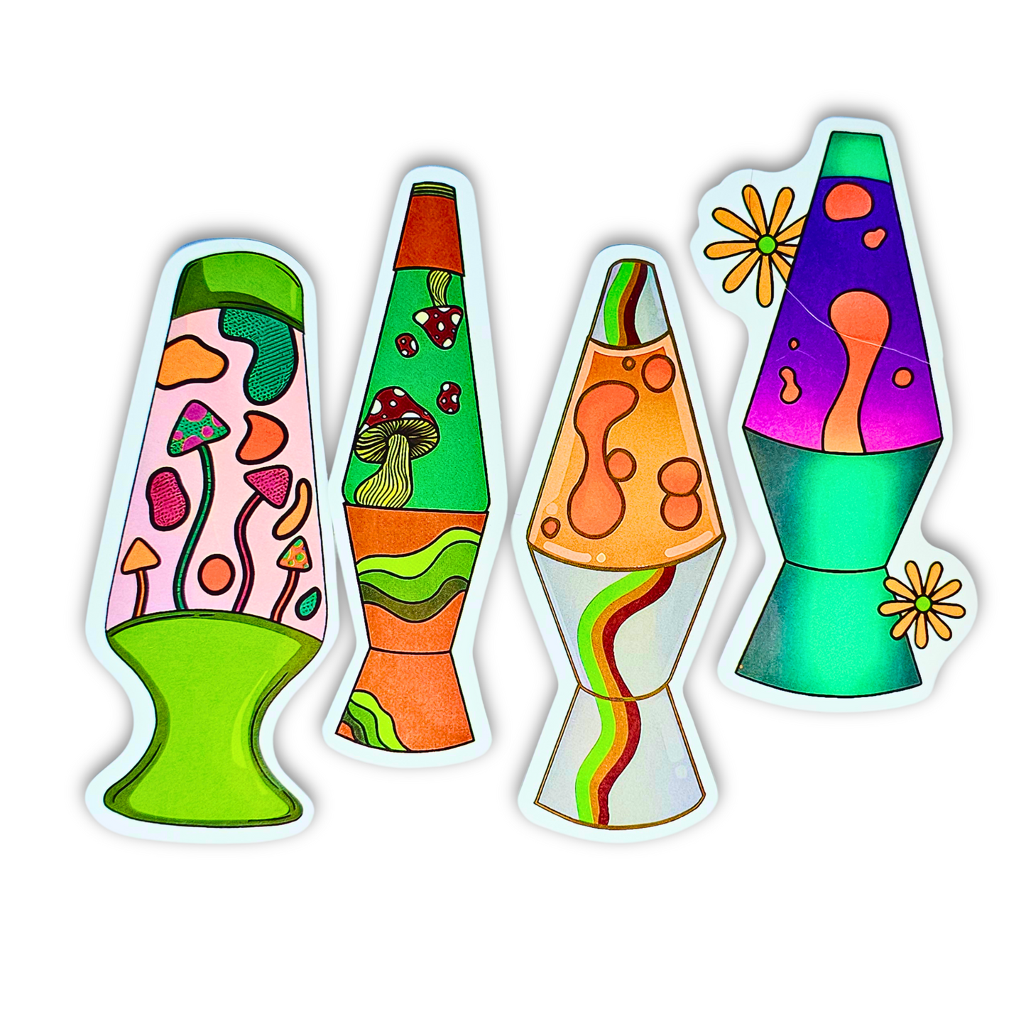 Flower Power Lava Lamp Sticker Set – 4pc Retro Vinyl Waterproof Decals (3")