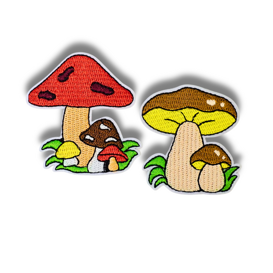 Forest Mushroom Patch Set – 2pc Retro Iron-On Embroidered Appliques (2")